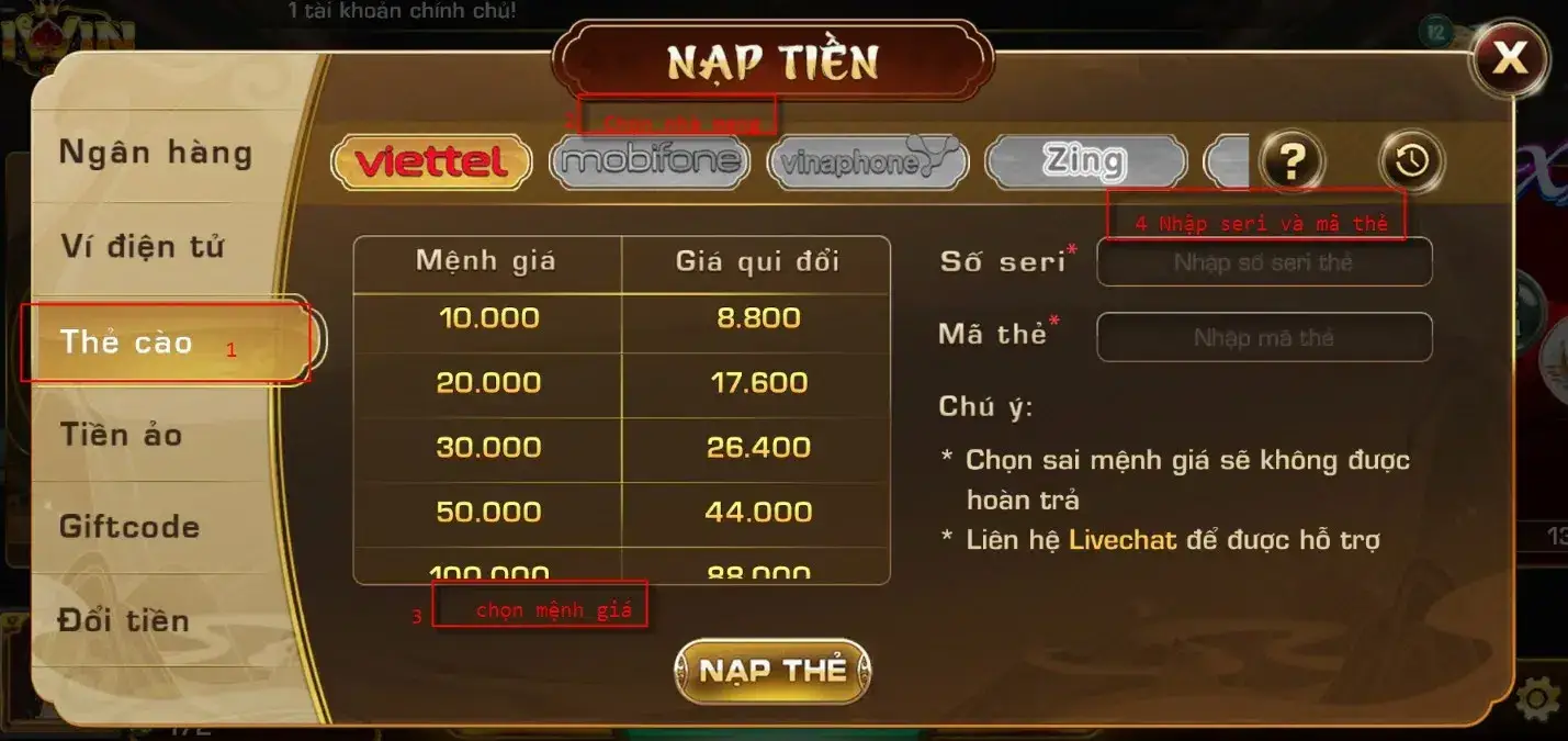 Hướng dẫn nạp tiền iWin Hướng dẫn nạp tiền vào tài khoản iWin